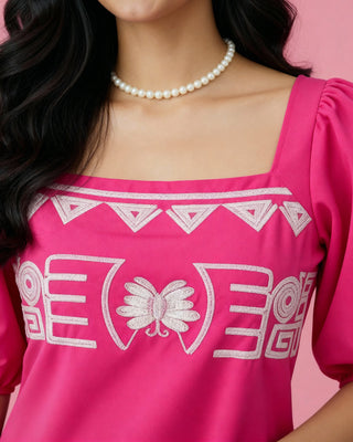 Hot Raspberry Pink Embroidered A-Line Dress