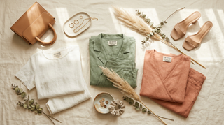 Flat lay of three sustainable cotton co-ord sets in ivory, sage green, and terracotta, styled with gold earrings and a handbag, demonstrating how to style co-ord sets for Indian women