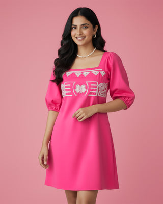 Hot Raspberry Pink Embroidered A-Line Dress