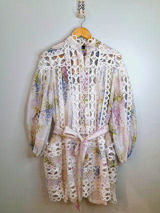 Floral Lace Insert A-Line Short Dress