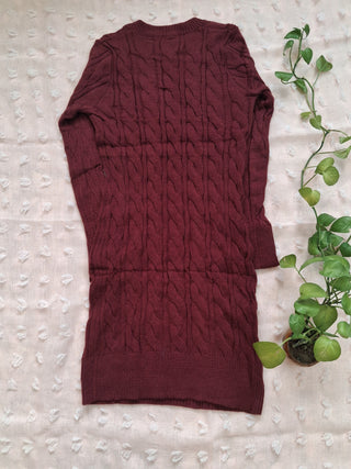 Wine Cable-Knit Long Winter Sweater Dress