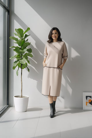 Beige Scallop-Trim Co-Ord Set (Top + Skirt)