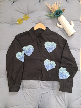 Black Cotton Shirt with Textured Blue Heart