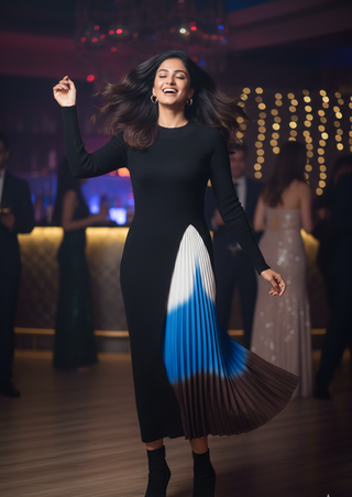 Black Knit Maxi Dress with Contrast Pleated Panel