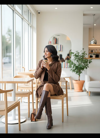 Brown Suede-Inspired Military Chic Co-Ord Set (Jacket + Pleated Skirt)