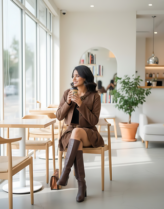 Brown Suede-Inspired Military Chic Co-Ord Set (Jacket + Pleated Skirt)