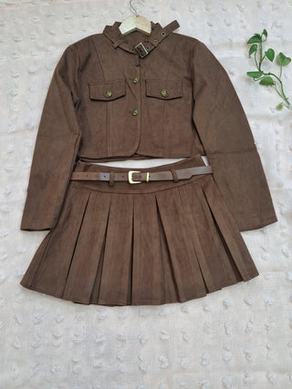 Brown Suede-Inspired Military Chic Co-Ord Set (Jacket + Pleated Skirt)