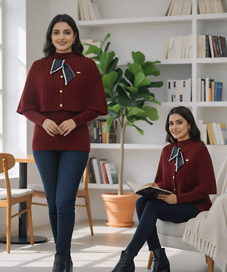 Cable Knit Cape Sweater with Attached Ribbed Inner (2PC SET)– Winter Luxe Edition