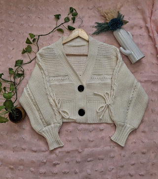 Chunky Knit Cropped Cardigan with Sleeve Tie Detail