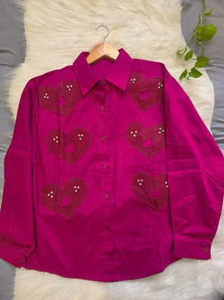 Deep Pink Heart Appliqué Embellished Shirt