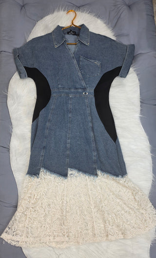 Denim Contrast Panel Dress With Lace Hem