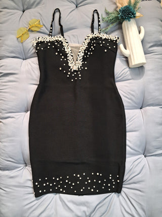 Embellished Black Pearl & Crystal Bodycon Dress