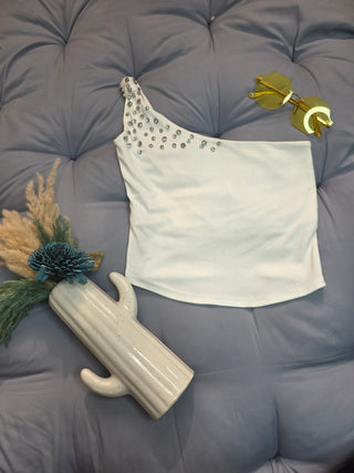 Embellished One-Shoulder White Top