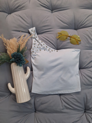 Embellished One-Shoulder White Top