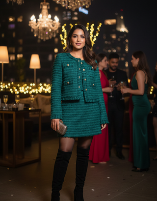 Emerald Textured Bouclé Co-Ord Set (Jacket + Skirt)