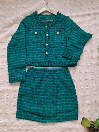 Emerald Textured Bouclé Co-Ord Set (Jacket + Skirt)