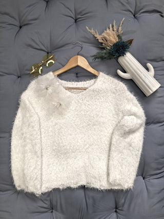 Fluffy Flower Embellished Winter Sweater