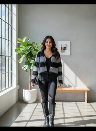 Fuzzy Striped Winter Cardigan-Gray