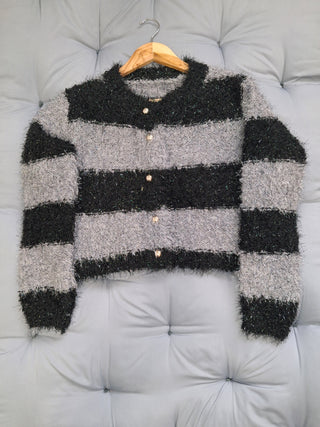 Fuzzy Striped Winter Cardigan-Gray
