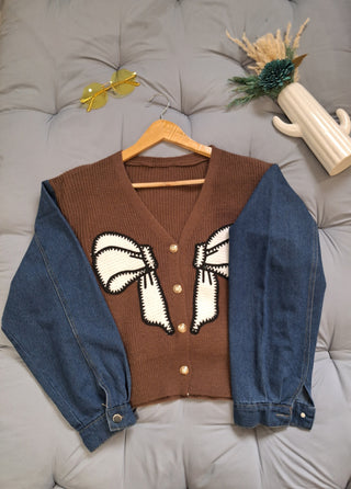 Knit & Denim Sleeve Bow Detail Cardigan – SioMio Winter Collection