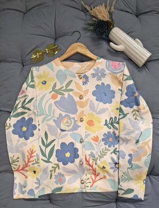 Pastel Floral Button-Down Knit Cardigan
