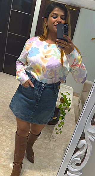 Pastel Floral Button-Down Knit Cardigan