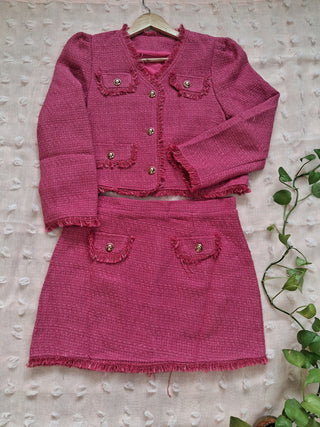 Pink Textured Bouclé Co-Ord Set (Jacket + Skirt)