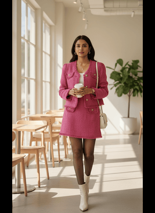 Pink Textured Bouclé Co-Ord Set (Jacket + Skirt)