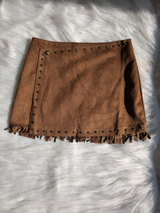 Brown Suede Fringe Mini Skirt