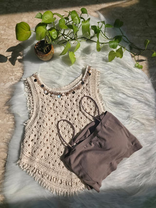 Crochet Fringe Top with Inner Padded Camisole(2Pc.)