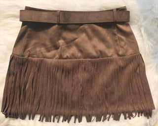 Brown Suede Fringe Mini Skirt With Belt