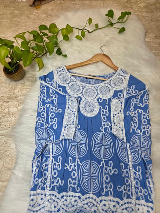 Blue Embroidered Lace Kaftan Top