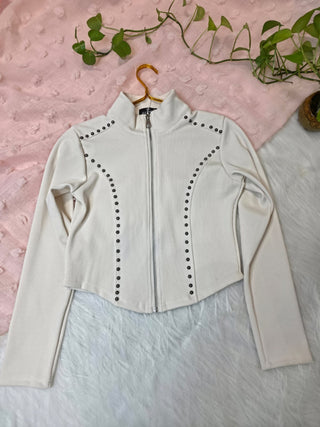 Studded High-Neck Zip-Up Top
