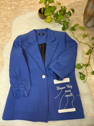 Blue Ruched Sleeve Tailored Blazer