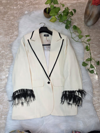 Cream Blazer with Black Feather Sleeve Detailing