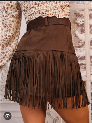 Brown Suede Fringe Mini Skirt With Belt
