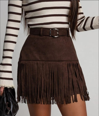 Brown Suede Fringe Mini Skirt With Belt