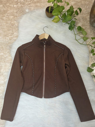 Studded High-Neck Zip-Up Top