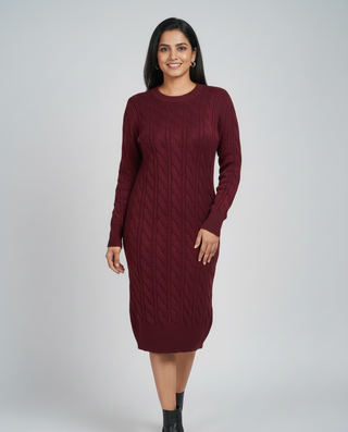Wine Cable-Knit Long Winter Sweater Dress