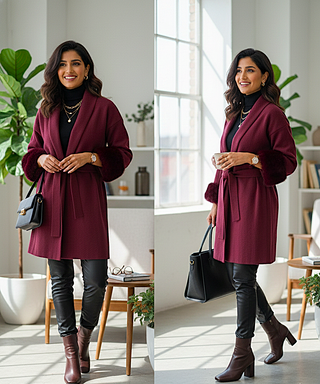 Wine Faux-Fur Trim Belted Winter Coat